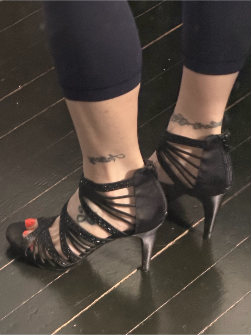 Black Rhinestone Strappy Heels Back Zip Sandals Size 8.5M